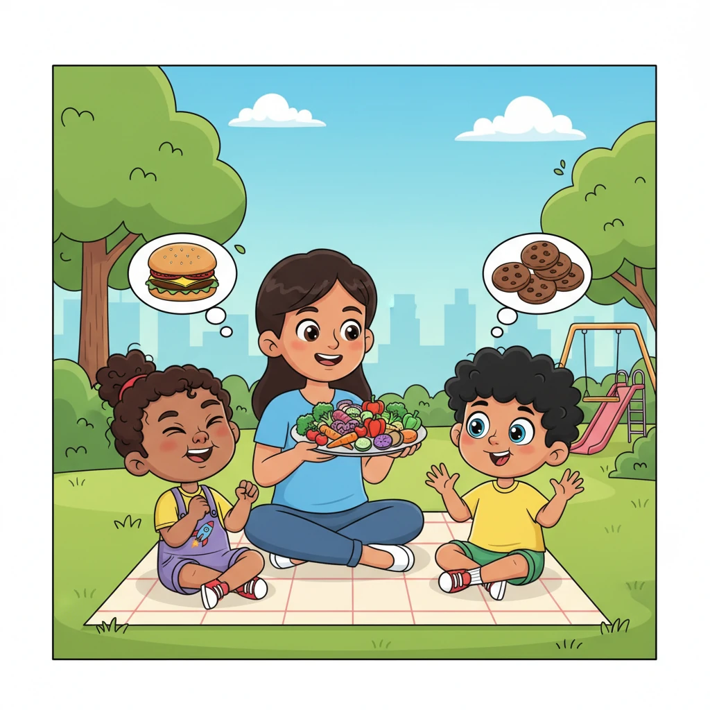 A few days later, Mrs. Shah took Samar and Rishikesh for a picnic in a lovely park on the city's outskirts. When she served a colorful array of vegetables for lunch, both boys scrunched up their noses and made funny, exaggerated faces. They wished for something much more exciting to eat!