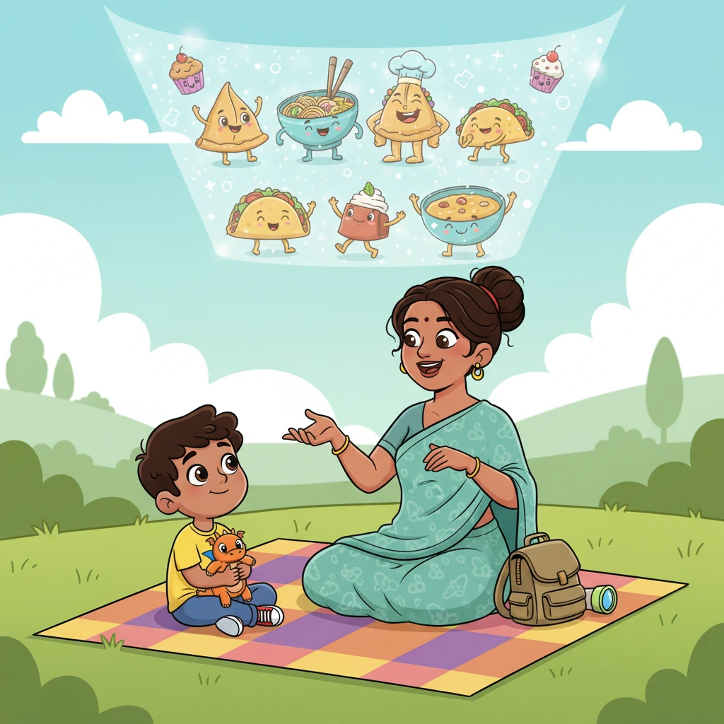 Seeing their reluctance, Mrs. Shah smiled playfully. 'How about a magical story to make our lunch more exciting?' she suggested. She began to tell them about Chatpata Nagar, a wondrous food world where delicious foods from every culture lived happily side by side.