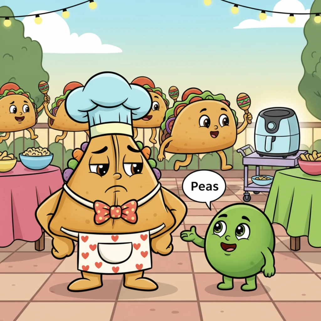 In Chatpata Nagar, Mr. Samosa, a crispy and golden snack, felt worried at a lively party hosted by the Taco family. He wondered if anyone still loved him because he was deep-fried. His wise friend, Mr. Peas, gently explained that balance was key and that modern cooking methods could make tasty food healthier, making Mr. Samosa feel much better.