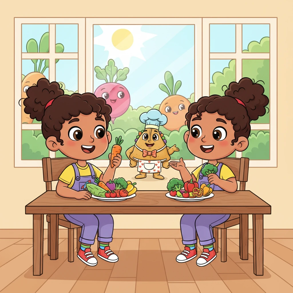 As Mrs. Shah finished her tale, Samar and Rishikesh looked at their vegetable plates with new understanding. They learned about healthy eating, the importance of balance, and the joy of trying new things. With big smiles, they realized that new homes, new friends, and new foods could all be wonderful adventures.