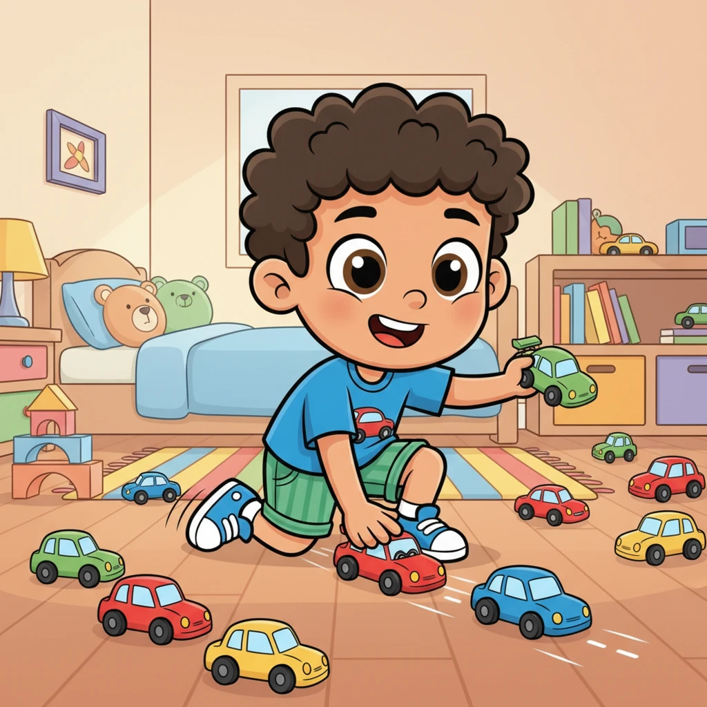 فارس الصغير يحب اللعب بسياراته الملونة. كانت غرفته مليئة بالسيارات الحمراء والزرقاء والخضراء، يطلق عليها أسماء ويحركها بسرعة على الأرض. كان يبتسم بسعادة وهو يتخيل نفسه سائق سباق.