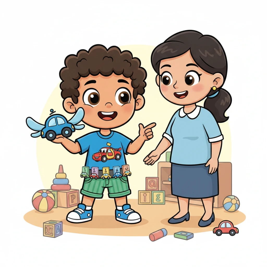 فجأة، التقط فارس سيارة لعبة زرقاء ذات شكل مميز. "انظري يا أمي!" صاح فارس، "هذه السيارة تشبه الحرف 'أ'!". كانت السيارة ذات جناحين صغيرين يشبهان خطوط الحرف.