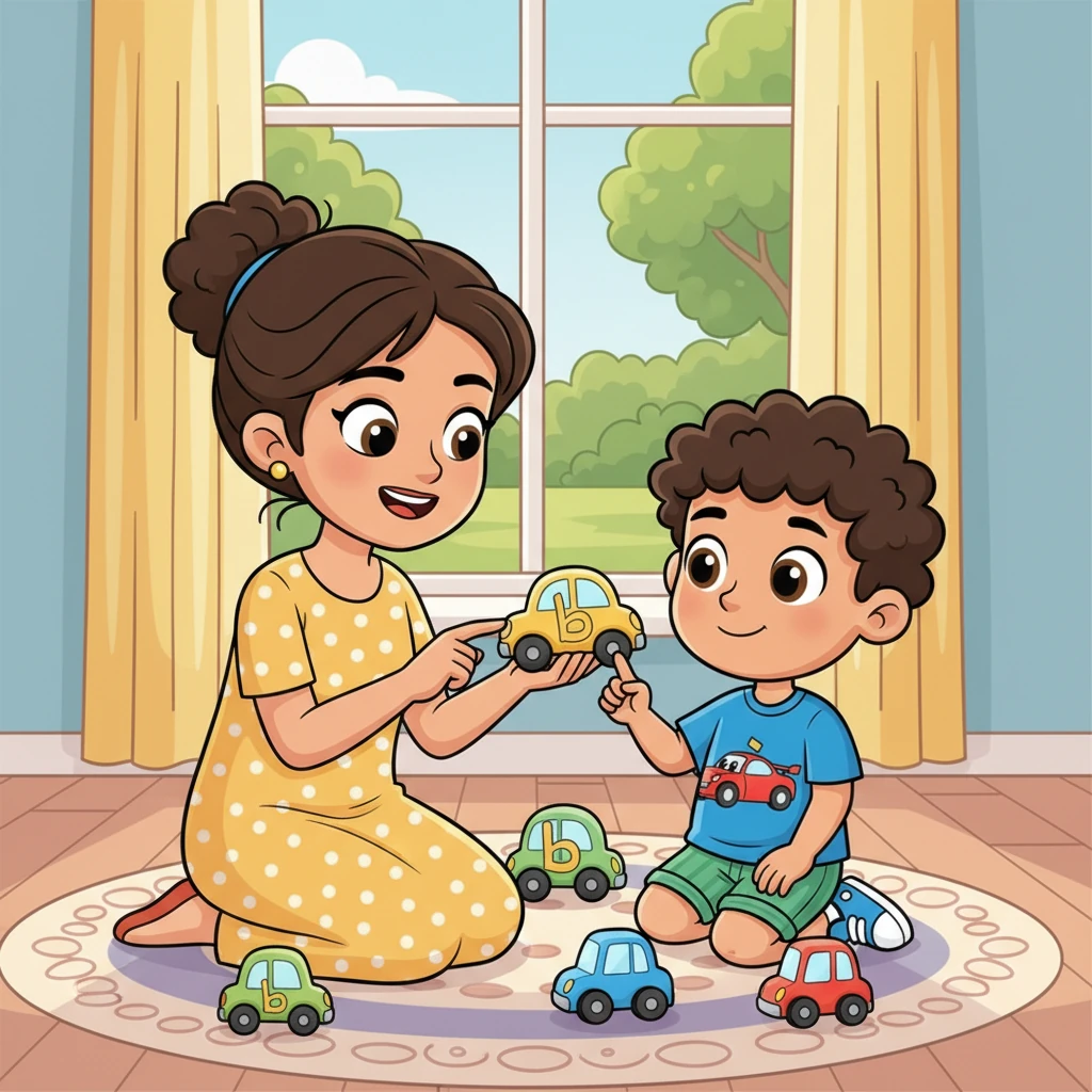 ابتسمت الأم بحنان وفكرت في فكرة رائعة. بدأت تشير إلى أشكال الحروف في السيارات الأخرى. "وهذه السيارة الصفراء، ألا تشبه الحرف 'ب' بجانبيها المنتفخين؟" سألت الأم، وراح فارس ينظر باهتمام.
