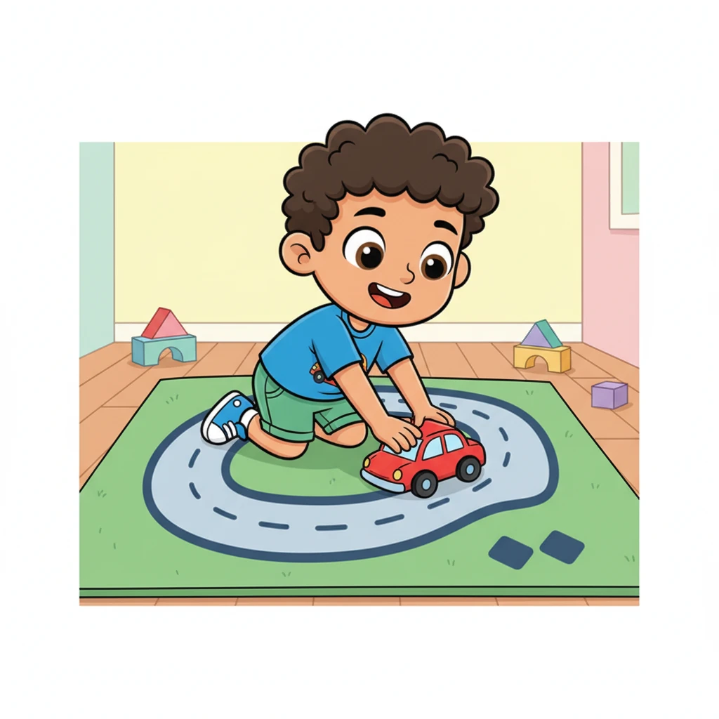 تحول بساط اللعب إلى طريق كبير مرسوم عليه الحرف "ج". قاد فارس سيارته الحمراء على طول المنحنى، متتبعاً شكل الحرف بفرح. كانت هذه الطريقة ممتعة حقاً لتعلم الأبجدية.