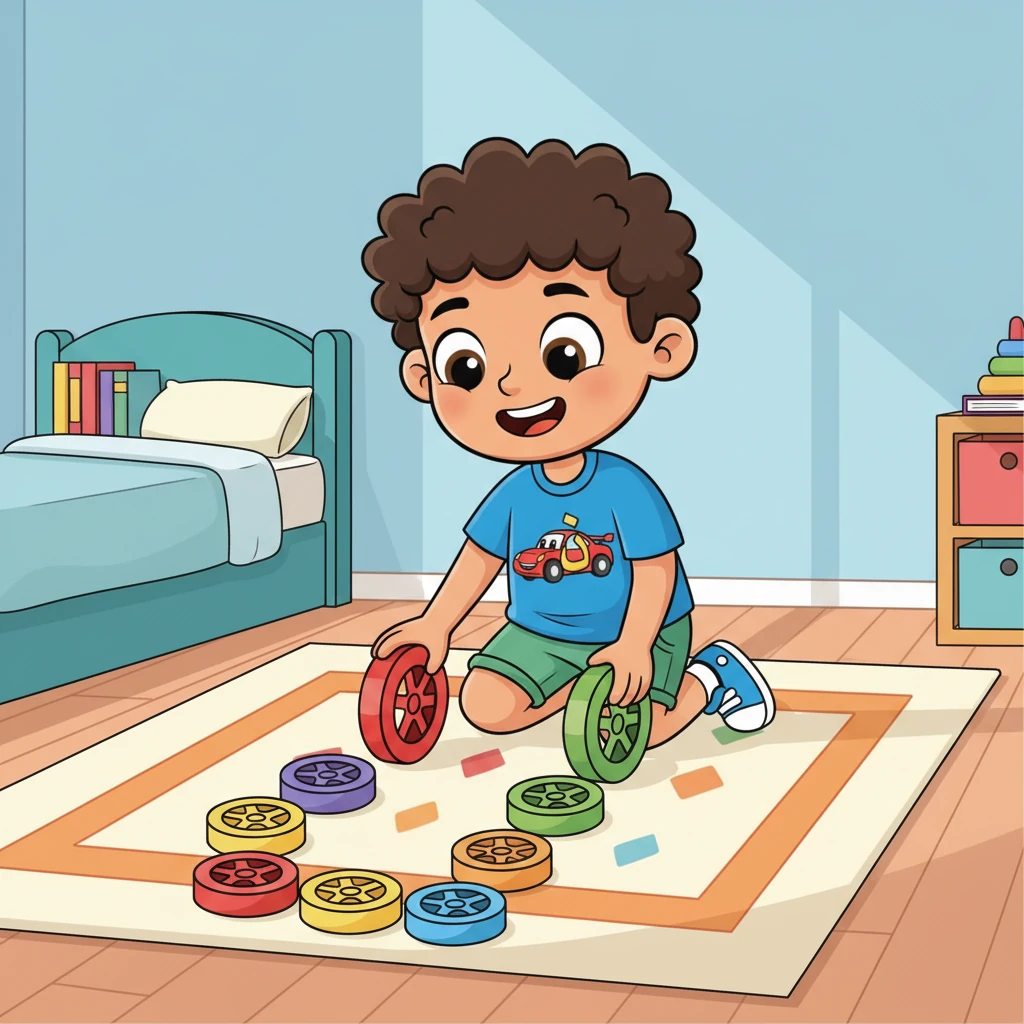 عاد فارس إلى المنزل وبدأ يرص عجلات سياراته المستديرة ليصنع بها حرف "د" كبيراً. كانت العجلات تشكل دوائر مثالية، وشعر بالفخر وهو يصنع أشكال الحروف بنفسه.