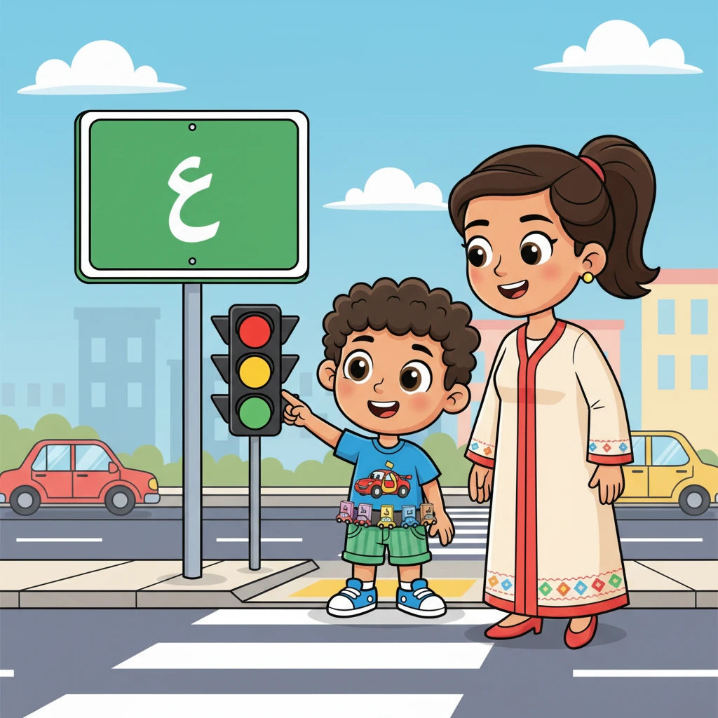 أثناء انتظارهم عند إشارة المرور، لمح فارس لافتة طريق عليها حرف "ت" واضح ومميز. "حرف التاء يا أمي!" قال فارس بفخر، وهو يشير بإصبعه الصغير.