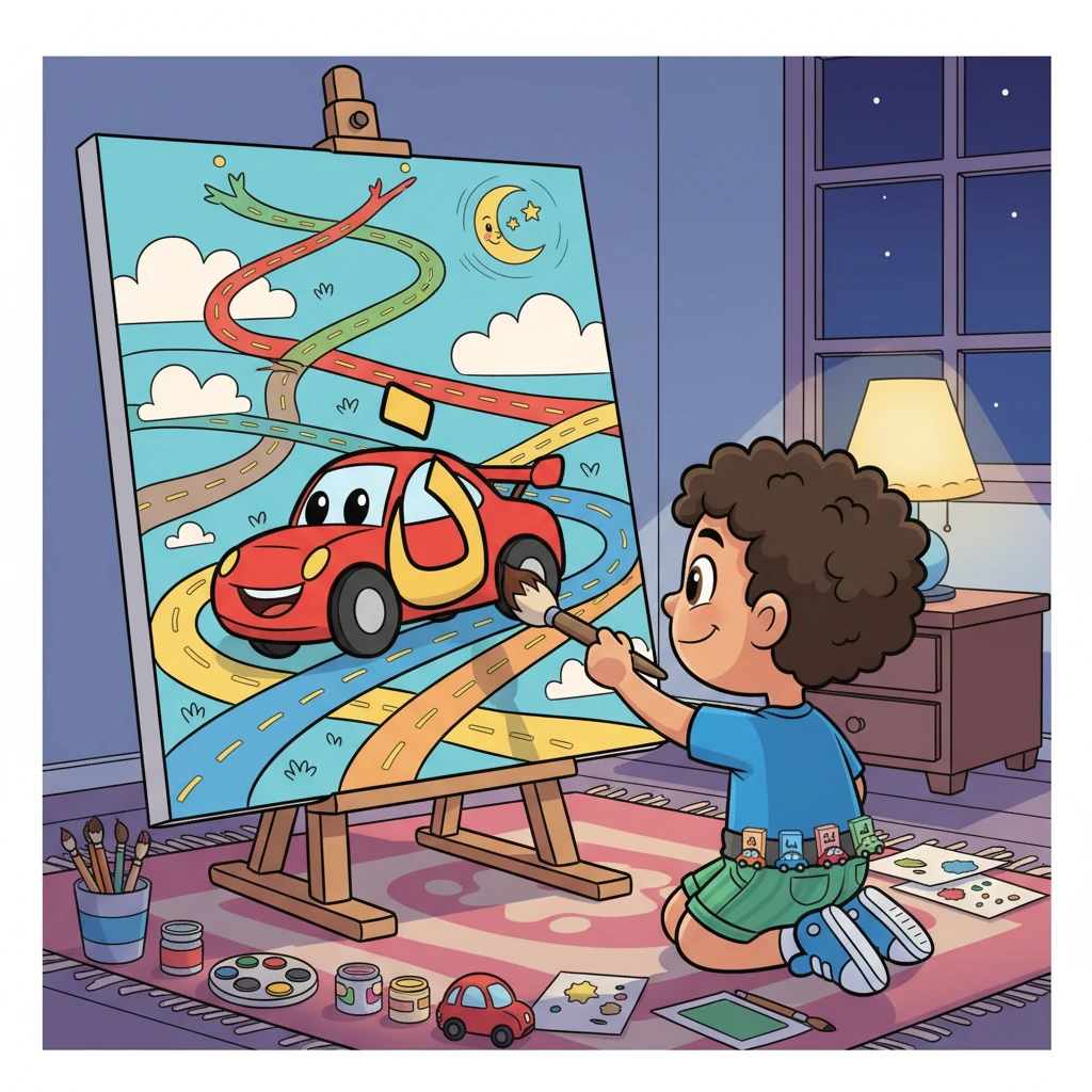 في المساء، رسم فارس لوحة كبيرة لسيارة على شكل حرف "س". كانت سيارة مرحة ذات ابتسامة كبيرة، تجري على الطرقات الملونة. لقد أصبح تعلم الحروف مغامرة إبداعية.