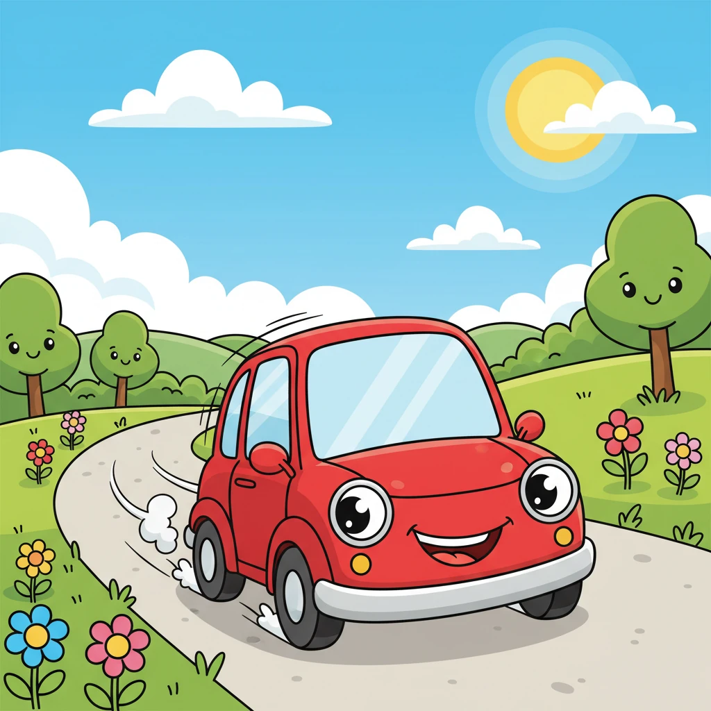 Zoomy was the happiest little red car in Sunnyville, always zipping around with a big, cheerful grin on his bumper. His headlights twinkled like playful eyes as he explored every curvy road and sunny street, ready for a new day of adventure.