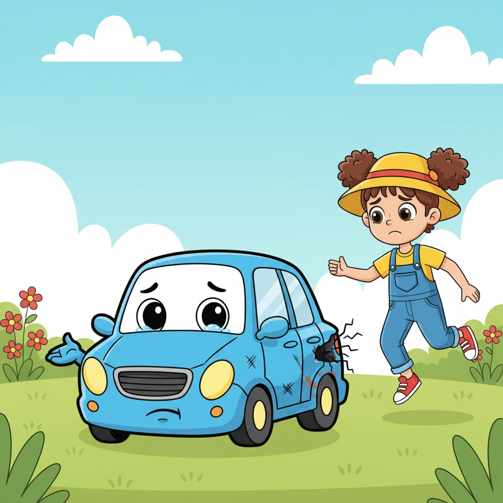 Soon, his best friend, Lily, a girl with a bright yellow hat, came skipping out to find him. She spotted Zoomy’s sad face and then noticed the little dent, her own cheerful expression turning into a gentle, worried frown. "Oh, Zoomy!" she exclaimed softly.