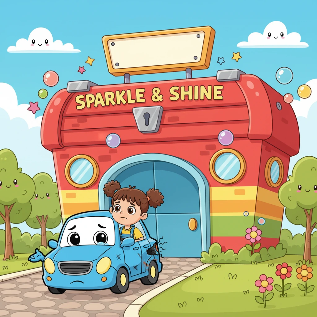 Lily knew just what to do! She carefully drove Zoomy down the road to "Sparkle & Shine Garage," a wonderfully colorful building shaped like a giant toolbox. Even Zoomy felt a little hopeful as they pulled up to the friendly entrance.