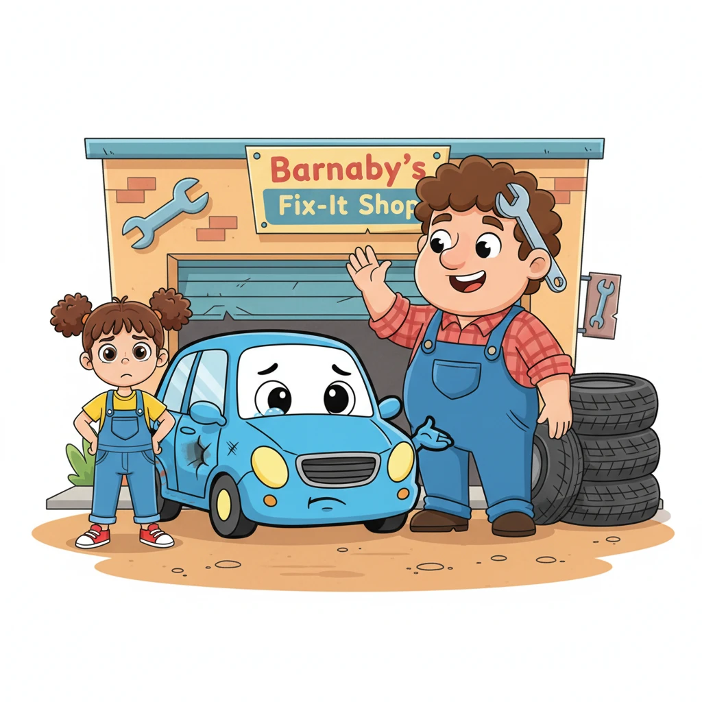 Out popped Barnaby, the kindest mechanic in town, with a wrench tucked jauntily behind his ear and a smile as wide as a tire. He greeted Zoomy and Lily with a happy wave, his eyes twinkling as he examined Zoomy's little mishap.