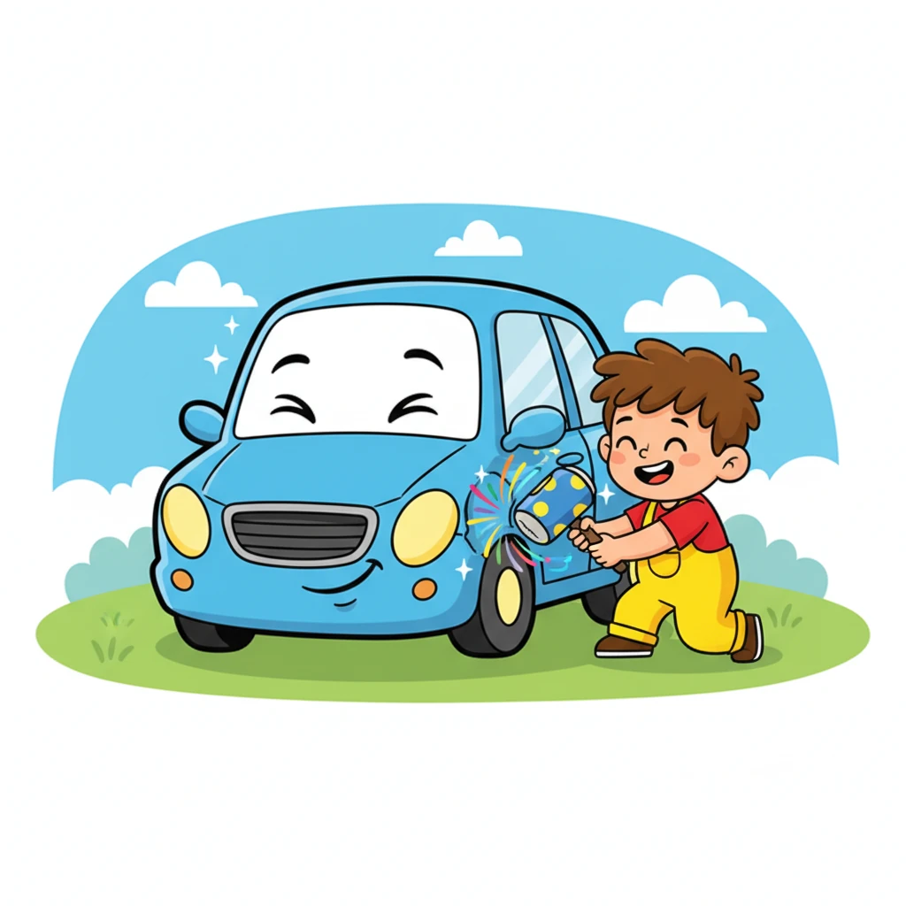 Barnaby got to work with his super-duper tools, gently buffing and smoothing Zoomy's fender. He used a special hammer that made tiny, happy 'tink-tink-tink' sounds and a polisher that spun like a colorful firework. Zoomy even giggled a little as the ticklish work began.