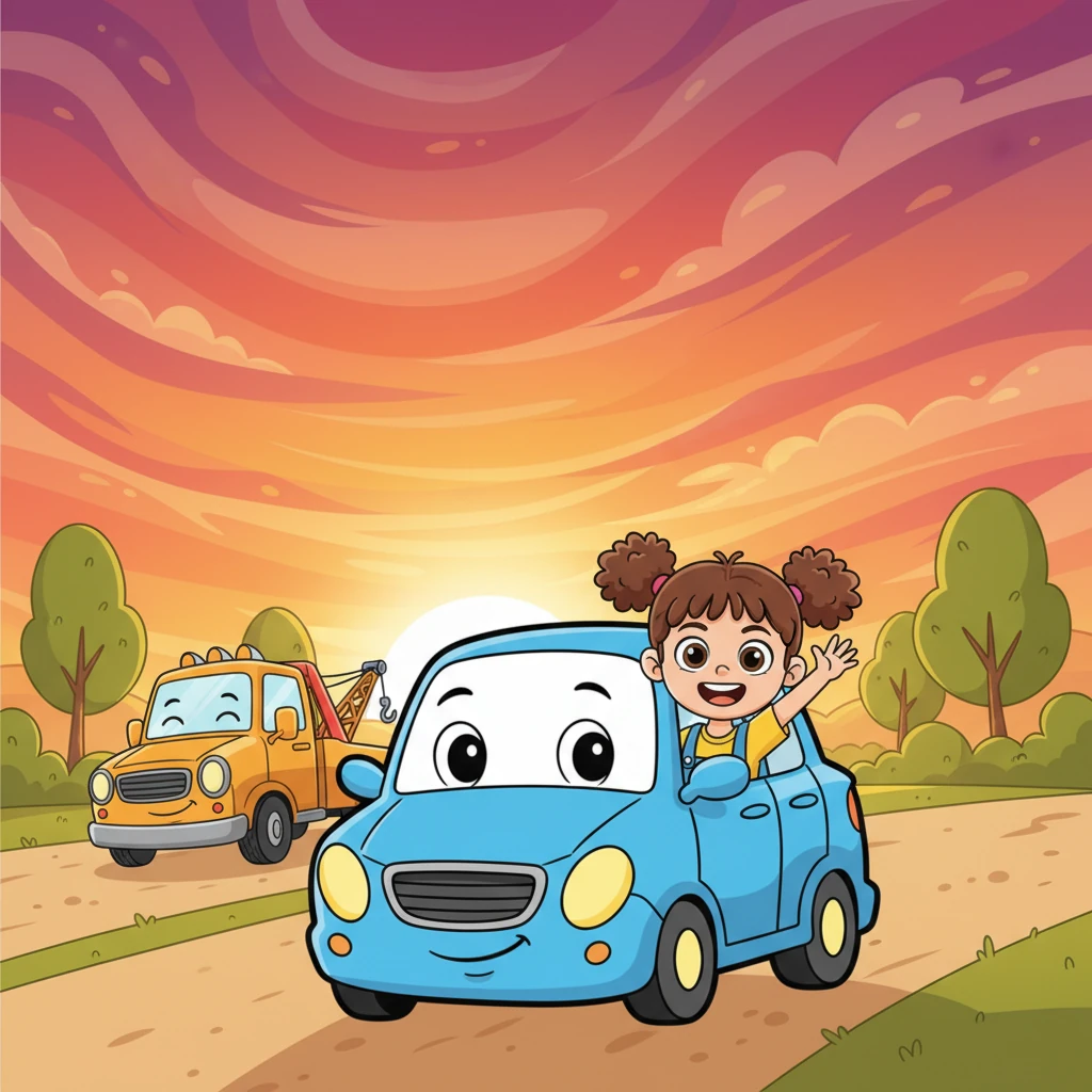 With a cheerful honk and a wave to Barnaby, Zoomy and Lily happily drove off, the sun setting behind them in a blaze of orange and pink. Zoomy felt even braver now, knowing that even little bumps could be fixed with a little help and a lot of friendship.