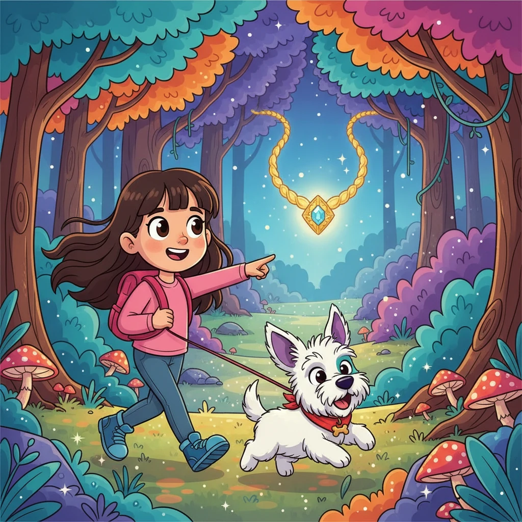 Nicole, una niña con flequillo y cabello suelto, y su pequeño perro blanco, Coco, descubrieron la leyenda de un collar mágico escondido en el bosque. Decidieron emprender una gran aventura para encontrarlo, pues sabían que podía conceder un deseo especial. El collar brillaba con una luz tenue en la distancia, llamándolos a la aventura.