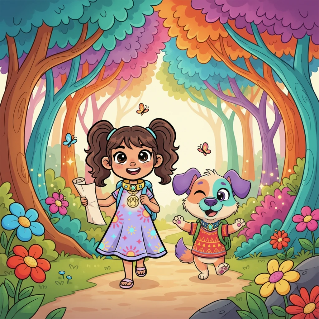 Con mochilas llenas de entusiasmo y un mapa dibujado a mano, Nicole y Coco se adentraron en el vibrante y colorido bosque. Caminaron por senderos sinuosos, rodeados de árboles gigantes y flores exóticas, sus risas resonando entre la naturaleza. Cada paso los acercaba más a su mágico destino.