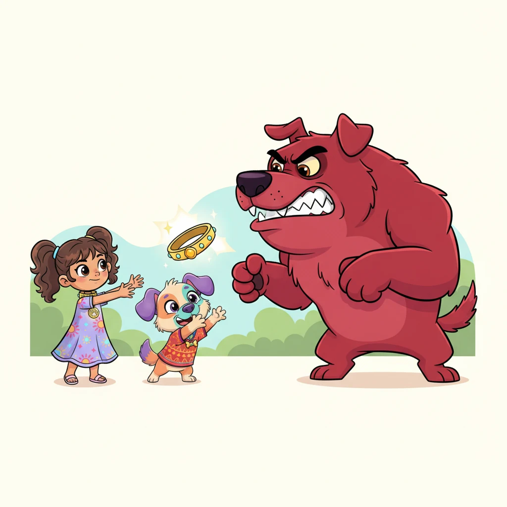 Justo cuando sentían que el collar estaba al alcance de sus patitas y manos, un enorme perro rojo de ojos marrones apareció de repente. Gruñía y ladraba con furia, bloqueando su camino y mostrando su enojo. Parecía una montaña de músculos furiosos, con el ceño fruncido.