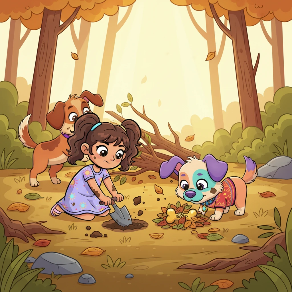 Determinados a ayudar, Nicole, Coco y el perro rojo pasaron horas buscando el hueso perdido por todo el bosque. Cavaron pequeños hoyos, olfatearon entre las hojas y removieron ramas, con tierra salpicando sus narices y ropa. La búsqueda era ardua, pero no se rindieron.