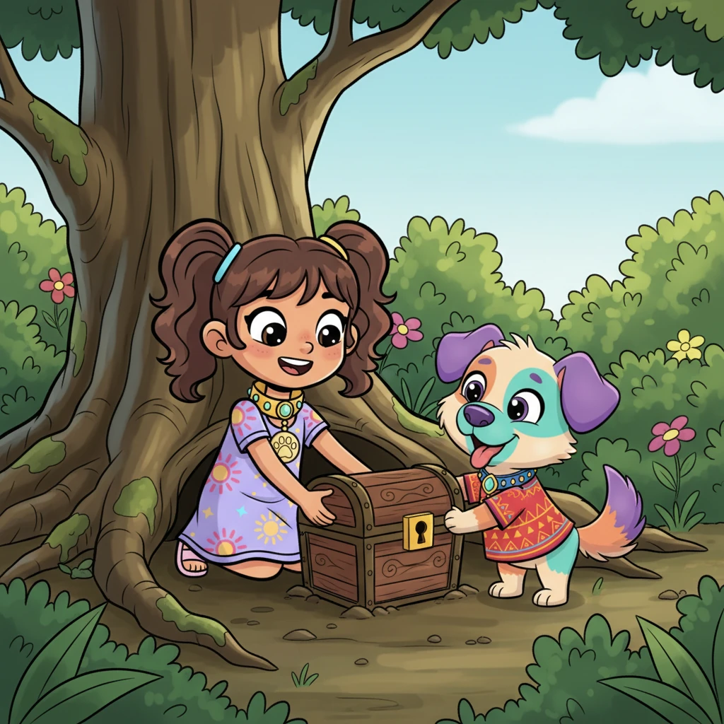 Siguiendo las indicaciones, Nicole y Coco buscaron diligentemente entre arbustos y raíces de árboles antiguos. Finalmente, bajo un viejo tronco cubierto de musgo, descubrieron un pequeño cofre de madera ornamentado. Lo sacaron con cuidado, emocionados por su hallazgo.