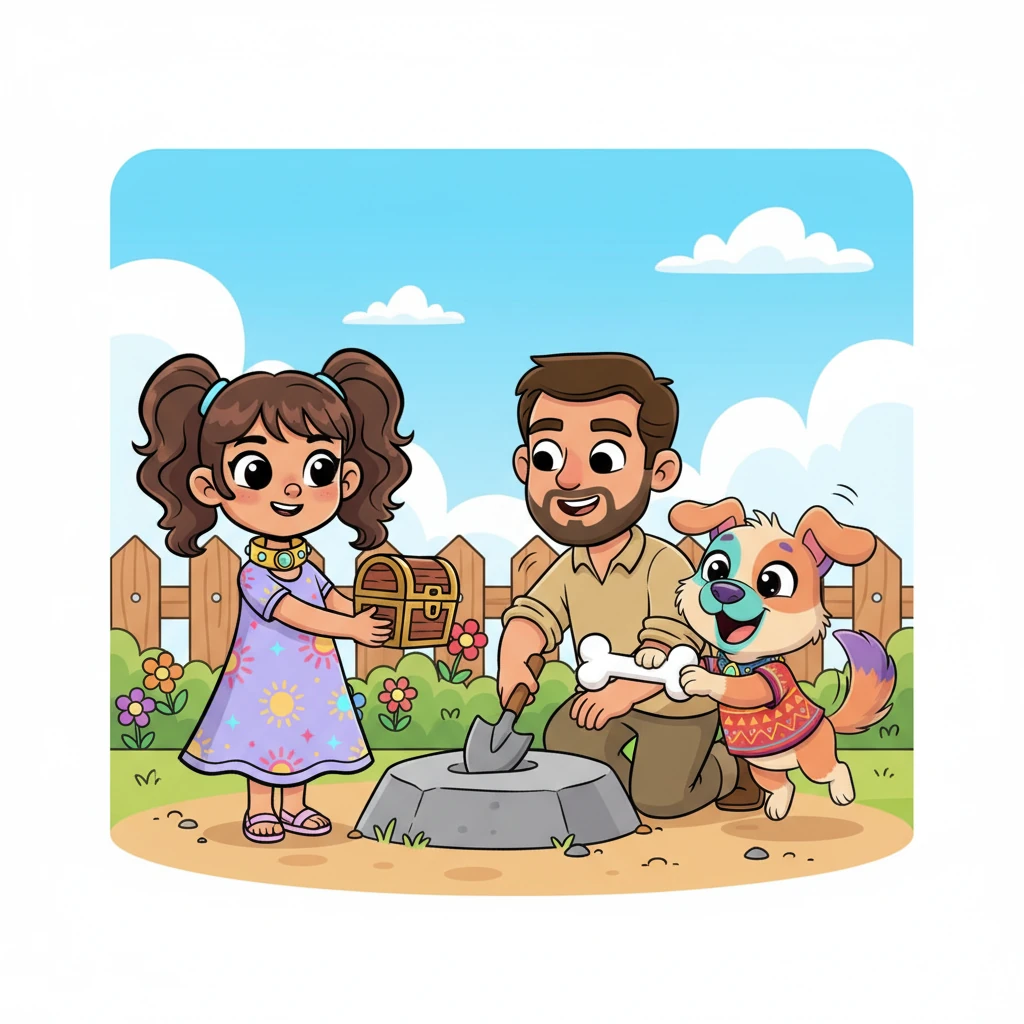 Llevaron el cofre al dueño del perro rojo, quien, al verlo, sonrió. El dueño les ayudó a desenterrar el hueso favorito del perro rojo, que estaba enterrado bajo una piedra. El perro rojo, con la cola moviéndose felizmente, saltó de alegría al recuperarlo.