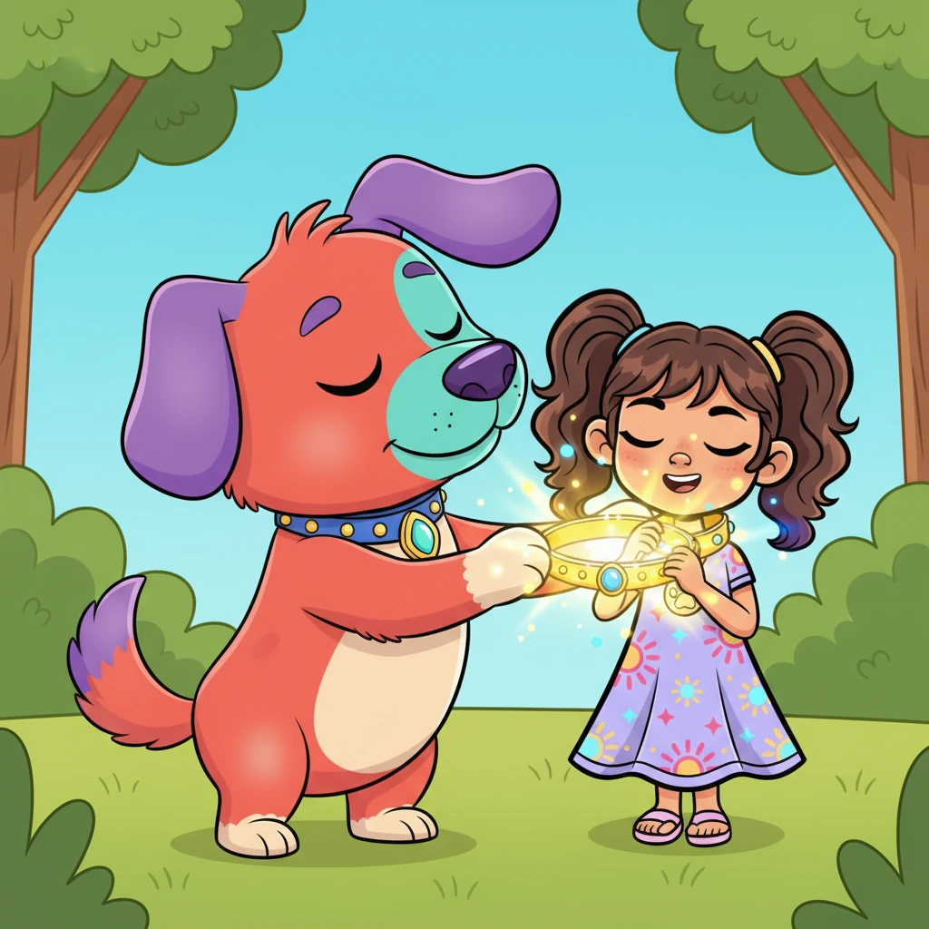 En agradecimiento, el enorme perro rojo le entregó el brillante collar mágico a Coco, que se lo puso con orgullo. Nicole y Coco cerraron los ojos, susurrando su deseo más profundo: 10,000 pesos para ayudar a los perritos de la calle. El collar resplandeció intensamente.