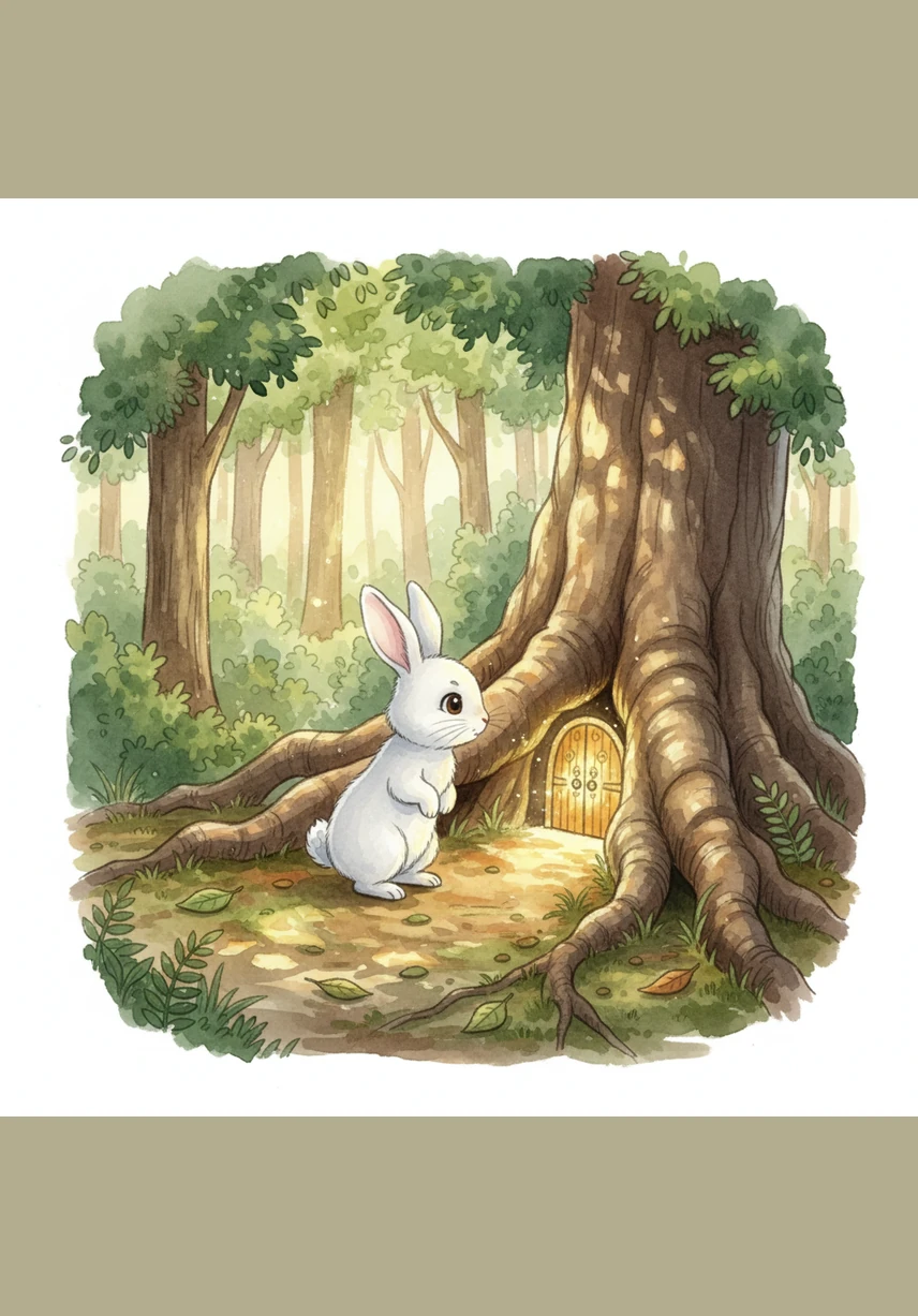 One sunny afternoon, Chintu spotted something unusual tucked behind the roots of an ancient tree. It was a small, shimmering door that glowed with a soft, mysterious golden light.