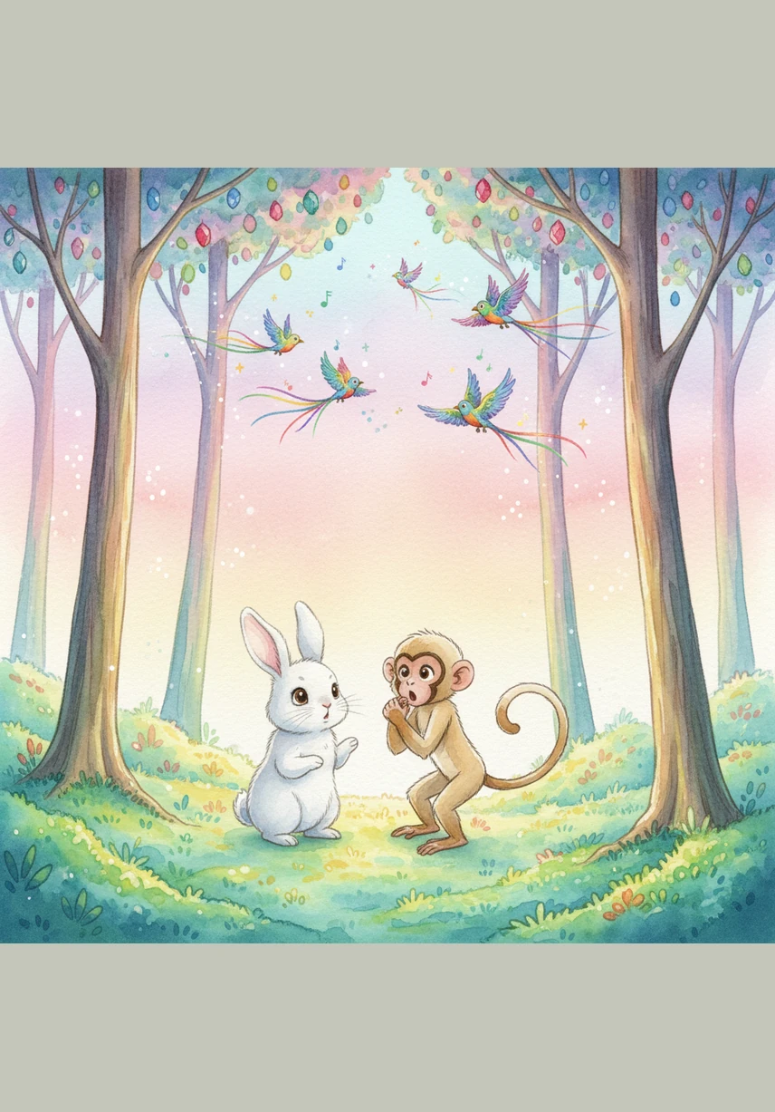 On the other side was a magical land filled with vibrant colors and trees that sparkled like jewels. Bright, rainbow-colored birds soared through the sky, singing melodies that sounded like tinkling bells.