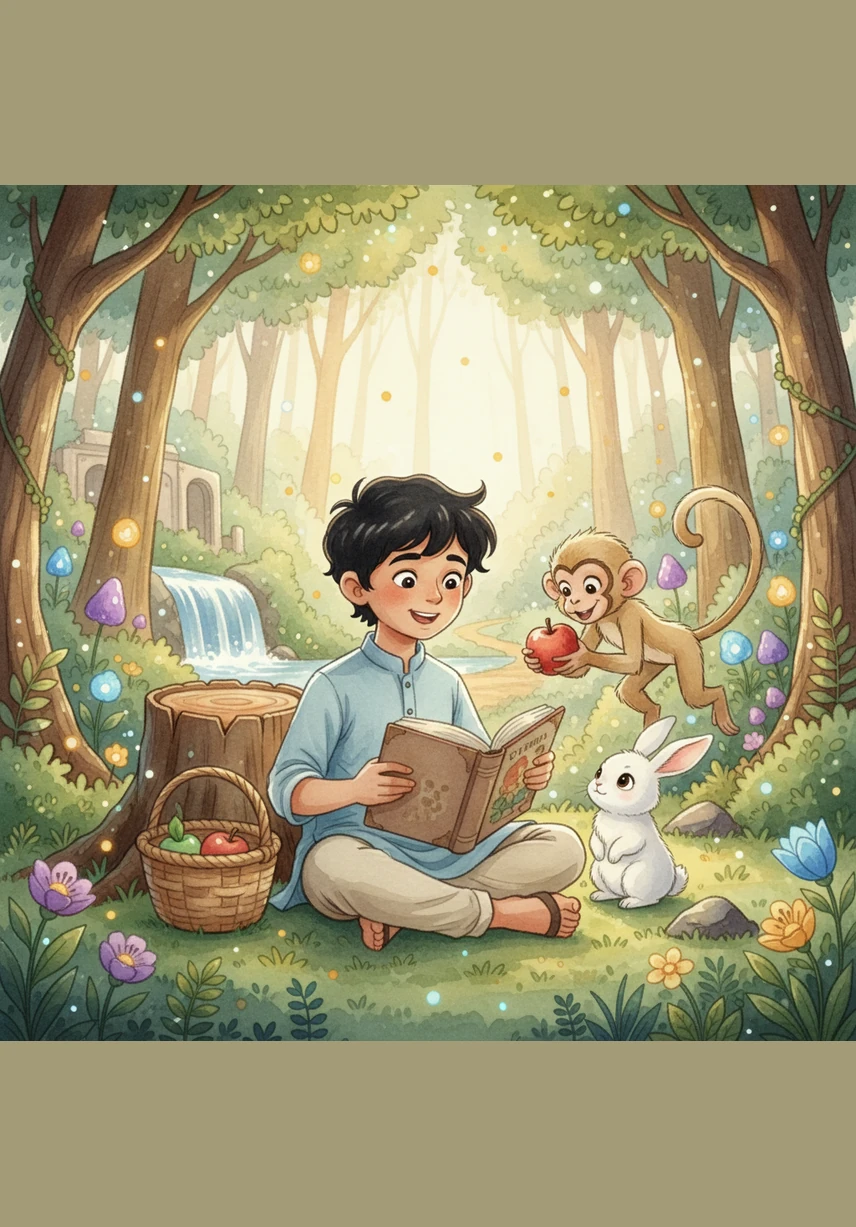 As Chintu explored the magic forest, he met a playful monkey swinging from a silver branch. The monkey introduced himself as Monu and greeted Chintu with a wide, friendly grin.