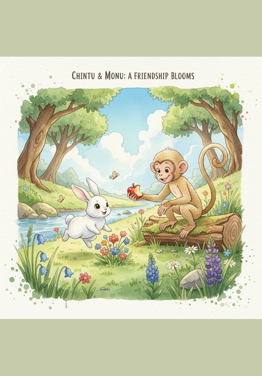 Chintu and Monu became fast friends, spending the whole afternoon playing games and racing through the enchanted meadows. Their happy laughter echoed through the trees as they shared stories and snacks.