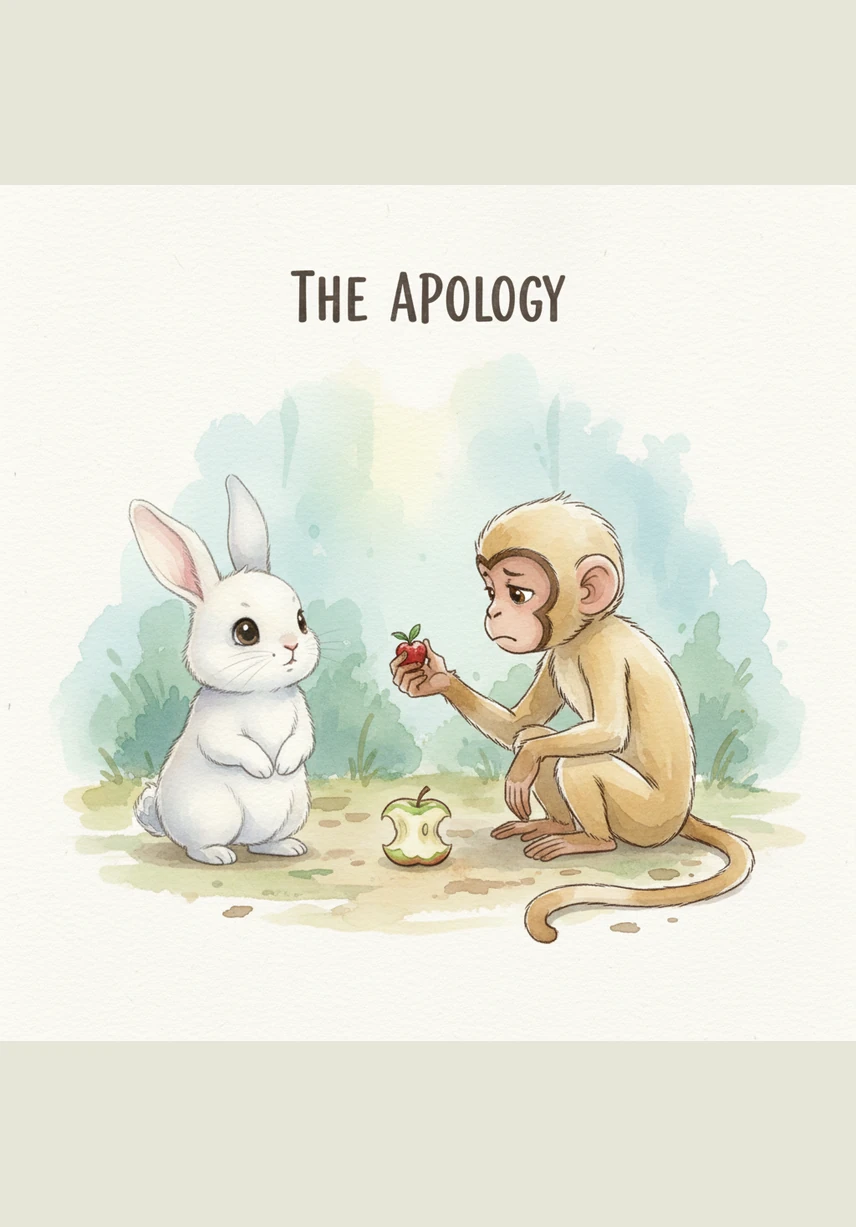 Chintu walked back to Monu and softly apologized for his harsh words, asking for forgiveness. Monu smiled brightly and realized he missed his friend too, proving that saying sorry is the most powerful magic of all.