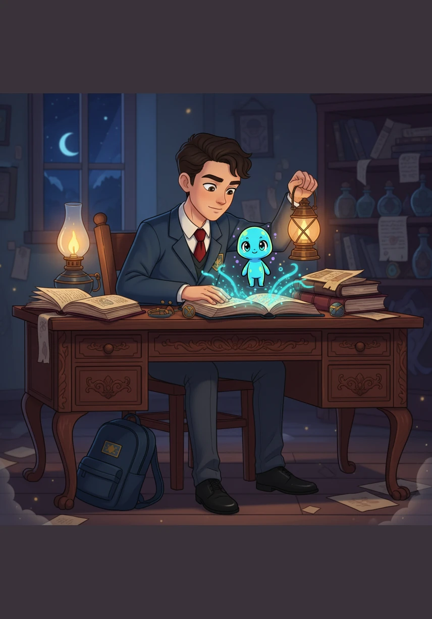 Aldiyar sits in a dimly lit room as his old computer monitor suddenly glows with a vibrant neon blue light. A friendly, anime-style digital sprite named Aiko emerges from the screen, surrounded by floating light purple pixels and inviting him into a new world.