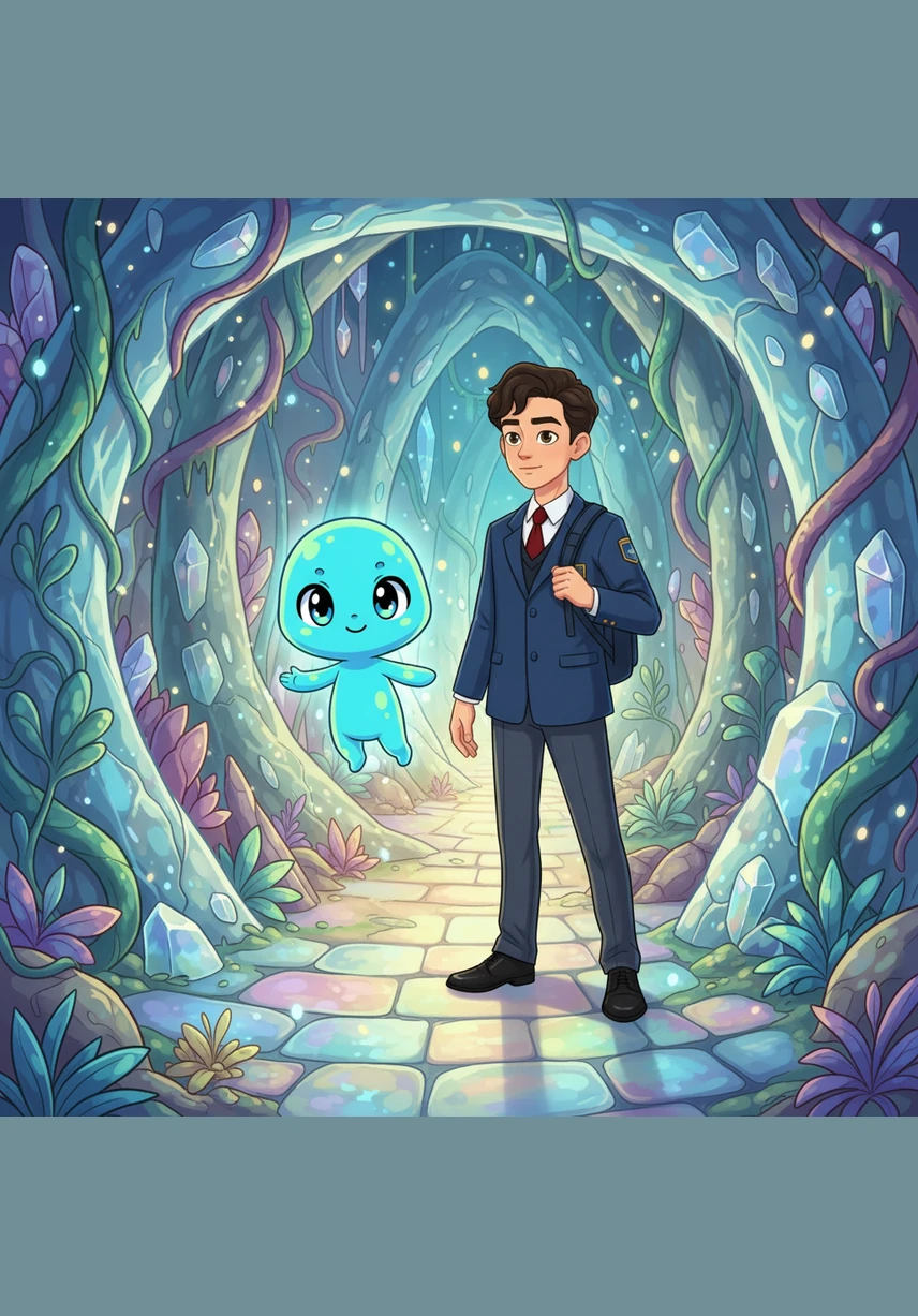 They enter a magical glowing labyrinth where the paths represent logical thinking and complex data processing. Aiko explains how algorithms work by guiding Aldiyar through translucent green corridors that pulse with information and react to their every step.