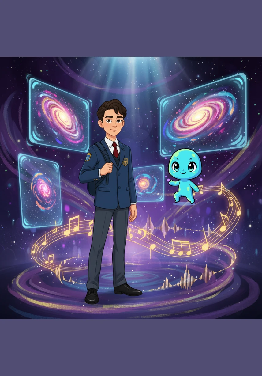 In a vibrant creative realm, Aldiyar watches in awe as artificial intelligence paints swirling holographic galaxies and composes beautiful symphonies. He realizes that technology can be a powerful partner for human inspiration, blending logic with artistic expression in shades of purple and gold.