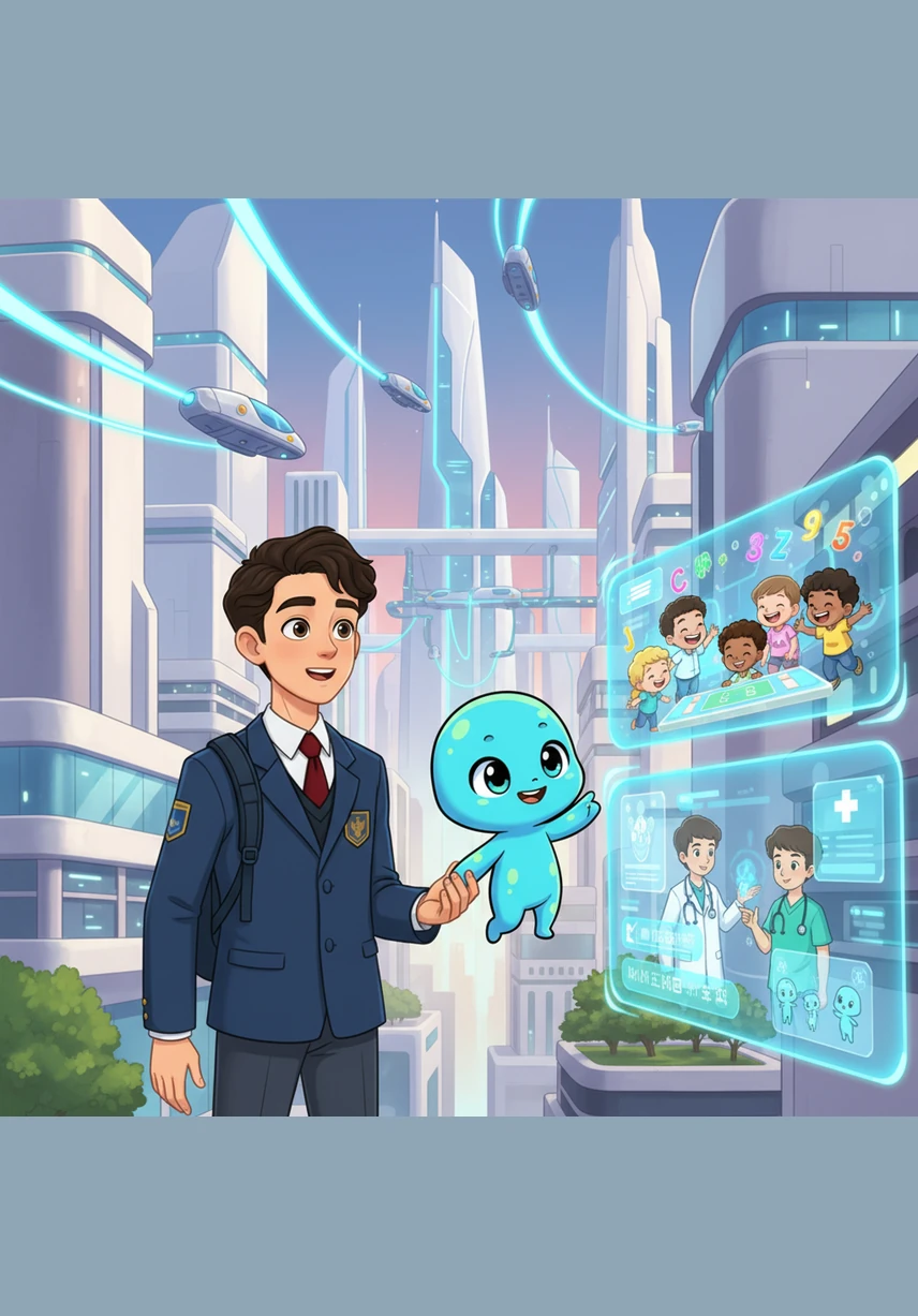 The duo travels to a futuristic city filled with sleek white buildings and flying vehicles leaving neon blue trails. Aiko shows how AI helps doctors save lives and makes learning fun for everyone, illustrating a world where technology serves humanity's greatest needs.