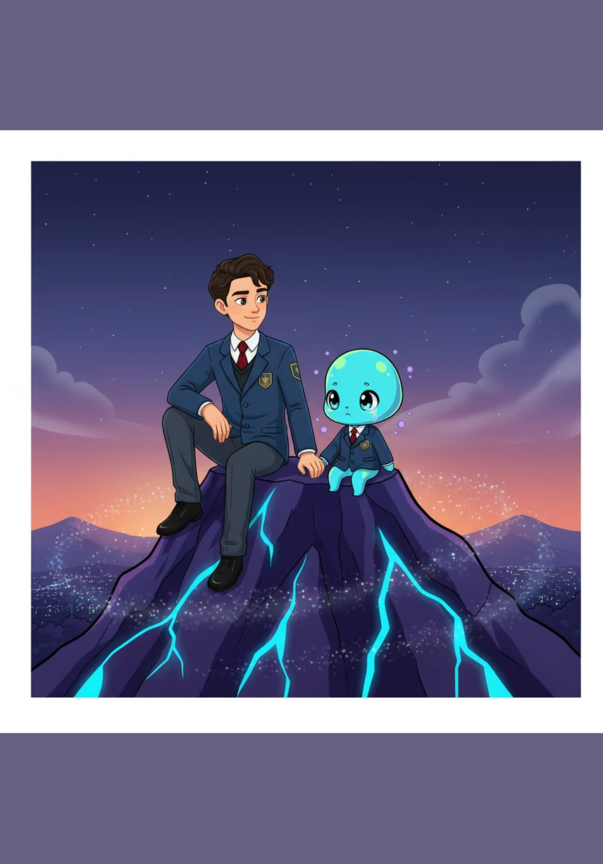 Sitting on a digital hilltop under a soft purple sunset, Aldiyar and Aiko share a quiet moment of understanding. They realize that artificial intelligence is not meant to replace people, but to act as a loyal assistant and friend to help achieve great things.