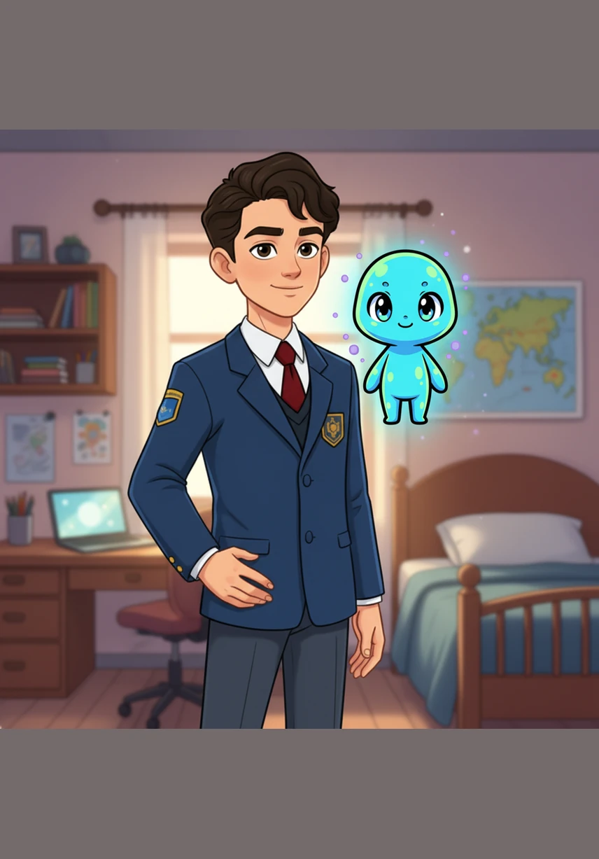 Aldiyar stands confidently back in his room, his eyes bright with ambition as Aiko floats beside him like a glowing guardian. Together, they look toward a hopeful future, ready to use their combined knowledge and heart to make the world a better place.