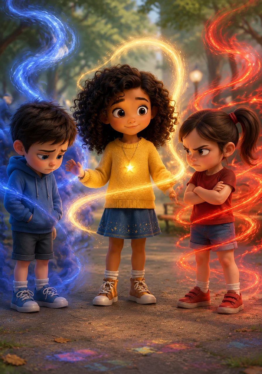 Lumi was a little girl with curly hair and a pendant that glowed like a soft star. She had a secret gift: she could see people’s feelings as beautiful, swirling ribbons of color all around them.