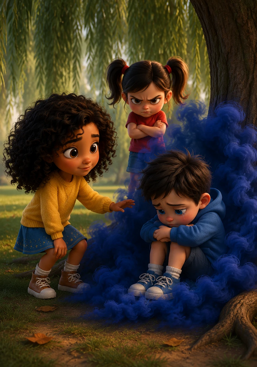 In the park, Lumi found a young boy named Leo sitting all alone under a drooping willow tree. A heavy cloud of deep blue sadness swirled around him, and his eyes were filled with quiet, lonely tears.