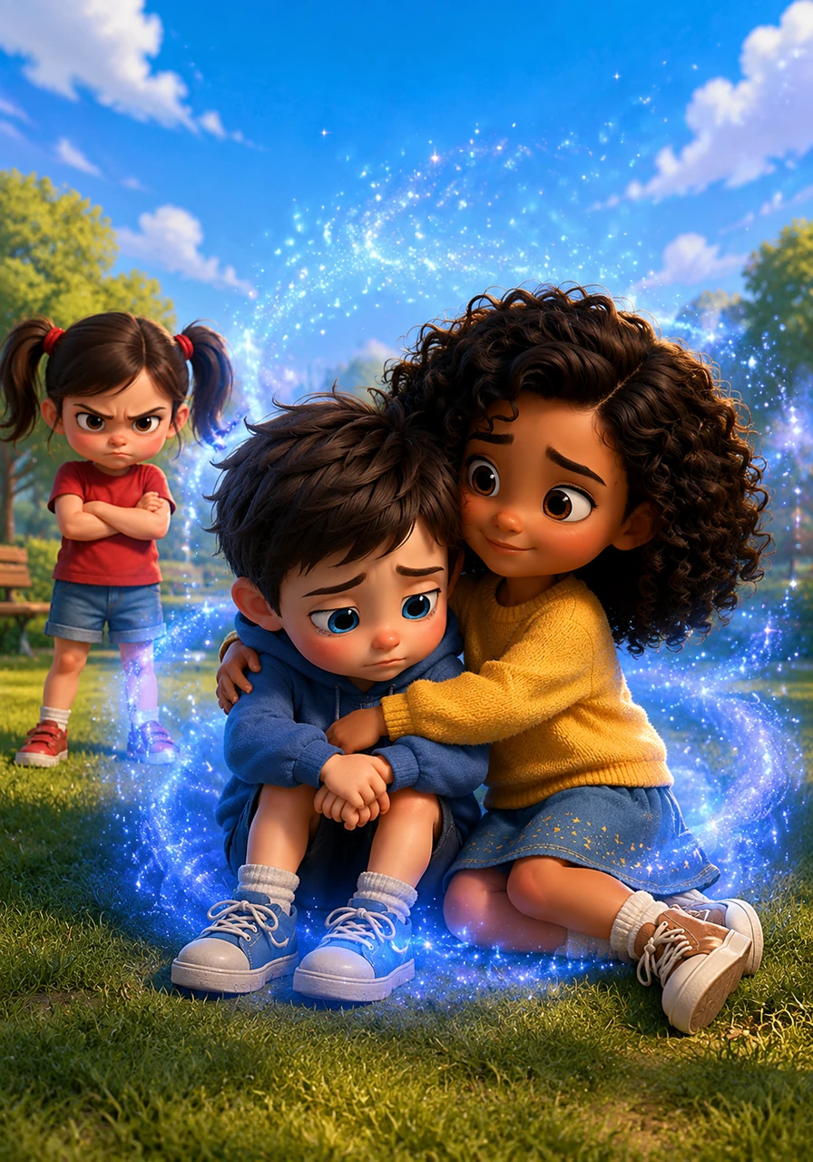 Lumi sat beside Leo and listened to his stories, letting him feel seen and understood. As she gave him a gentle hug, the blue cloud turned into a sparkling sapphire light, and the sky above them turned a brilliant blue again.