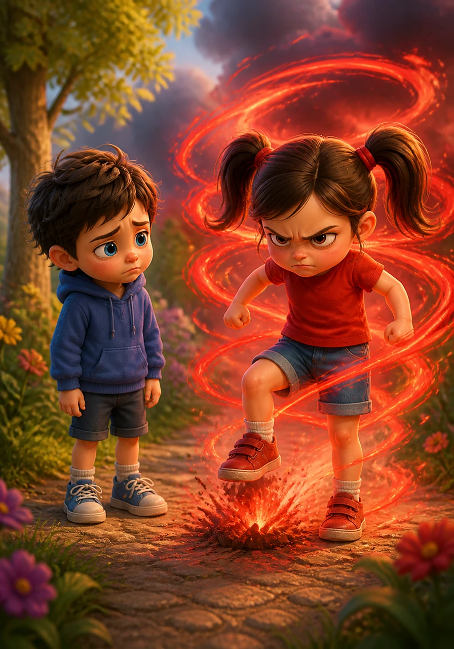 Later, Lumi met a girl named Mia who was stomping her feet, surrounded by a swirling storm of fiery red. Mia was so frustrated that she couldn't see the beauty around her, her heart full of a big, angry feeling.