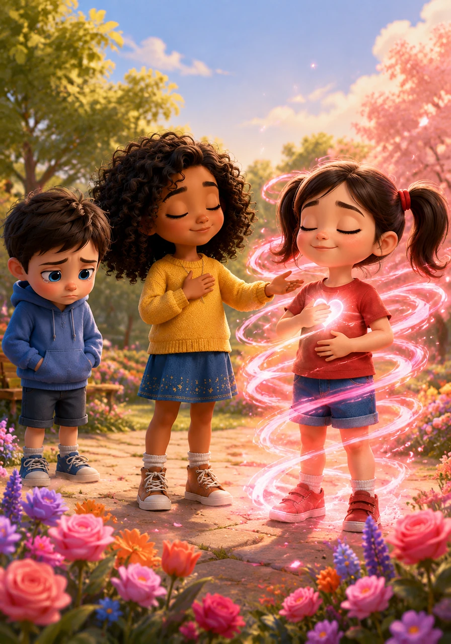Lumi showed Mia how to take slow, deep breaths to cool the fire in her heart. As Mia began to smile, the angry red softened into a beautiful rose pink, and the flowers nearby burst into vibrant, colorful blooms.