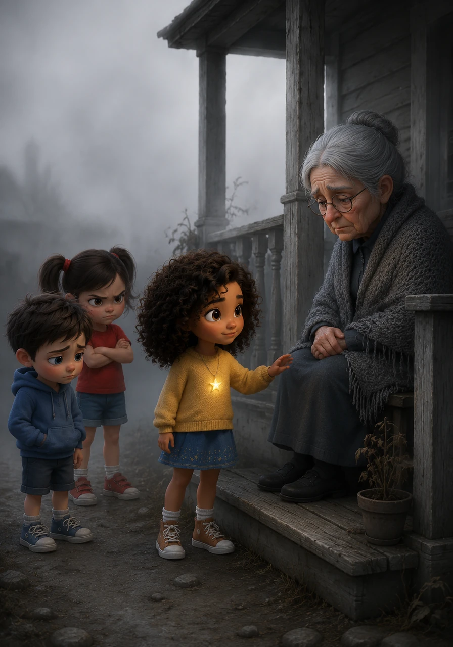 Near the edge of town, Lumi visited an elderly grandmother sitting on a porch, wrapped in a thick fog of lonely grey. The grandmother had no one to talk to, and her world felt very quiet and empty.