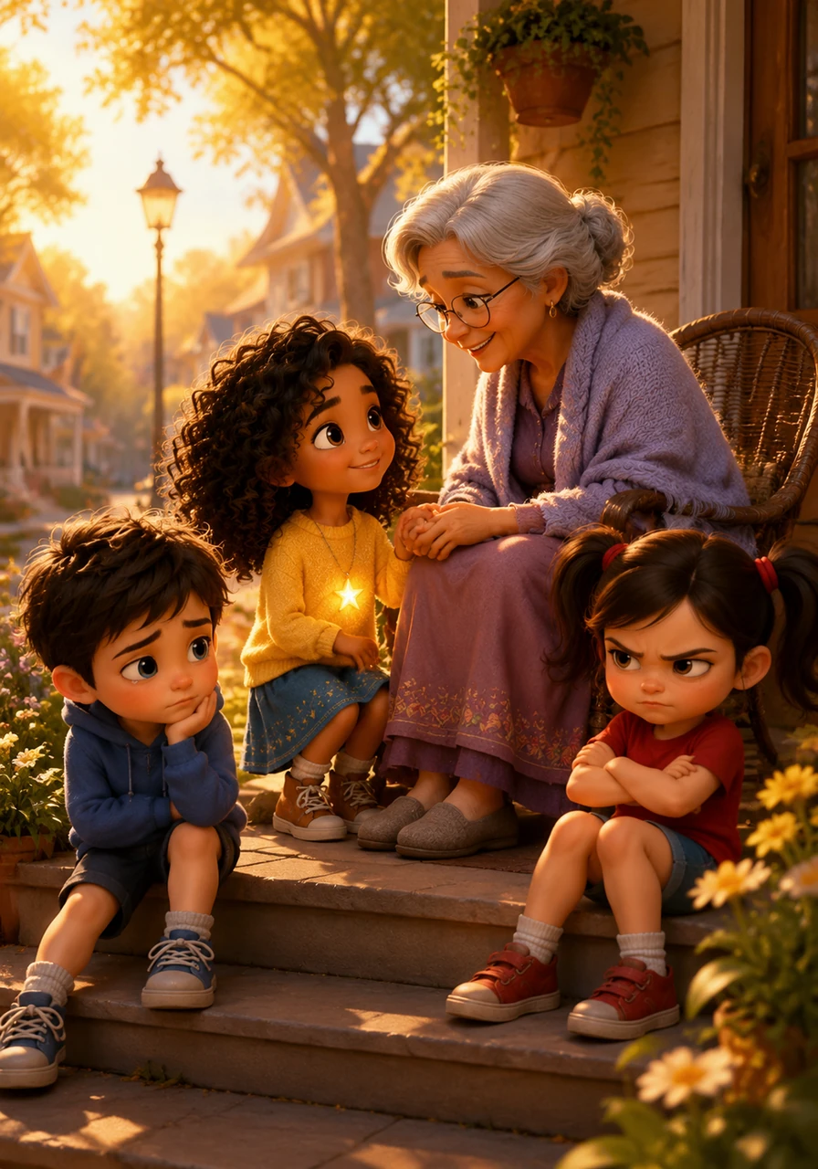Lumi held the grandmother’s hand and shared a warm conversation, bringing a spark of companionship to the quiet porch. The grey fog melted away into a glowing golden yellow, and the warm sunlight returned to the streets.