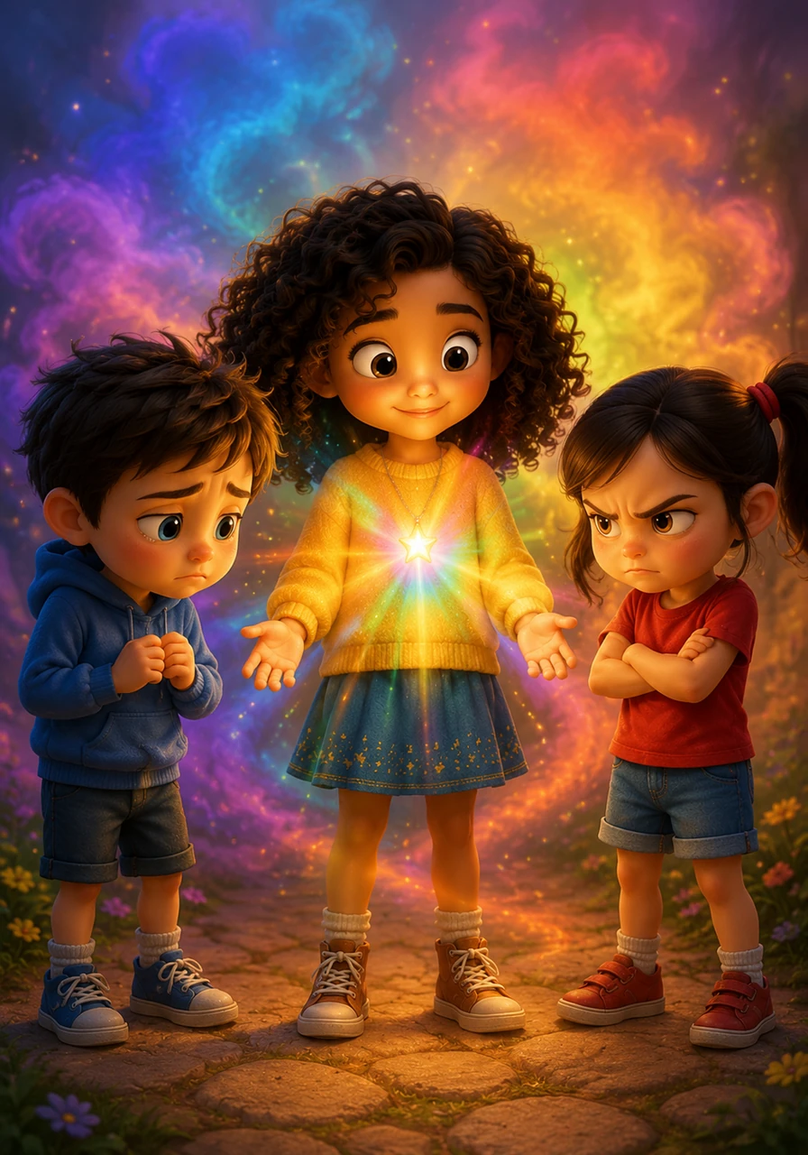 Lumi’s pendant pulsed with a brilliant, rainbow light, reflecting all the colors she had helped restore through her kindness. She realized that feelings weren't scary; they just needed to be shared, understood, and cared for.