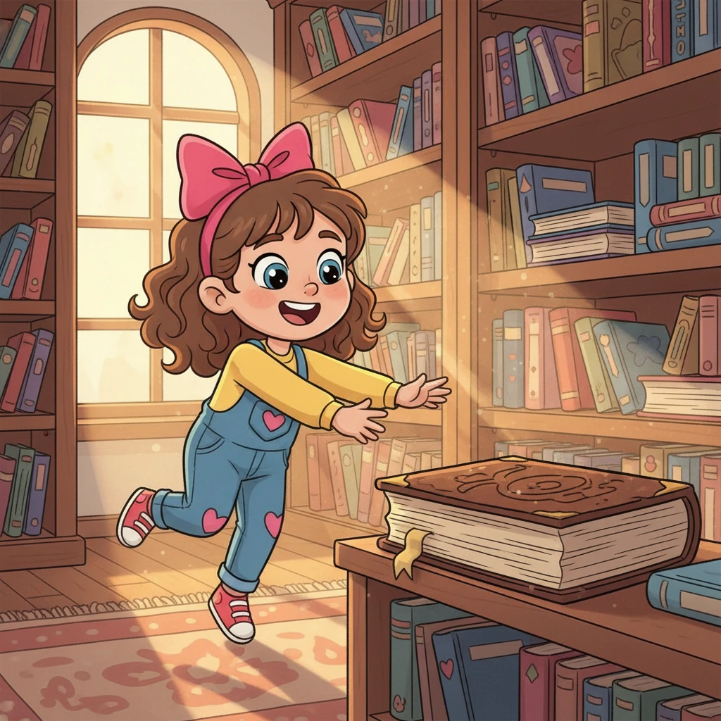Little Lexi, with her bright pink bow and sparkling eyes, bounced into Grandpa Leo's cozy study. Sunlight streamed through the window, illuminating towering bookshelves filled with books of all sizes. Lexi spotted a very old, very big book on a low shelf, its cover dusty and mysterious.