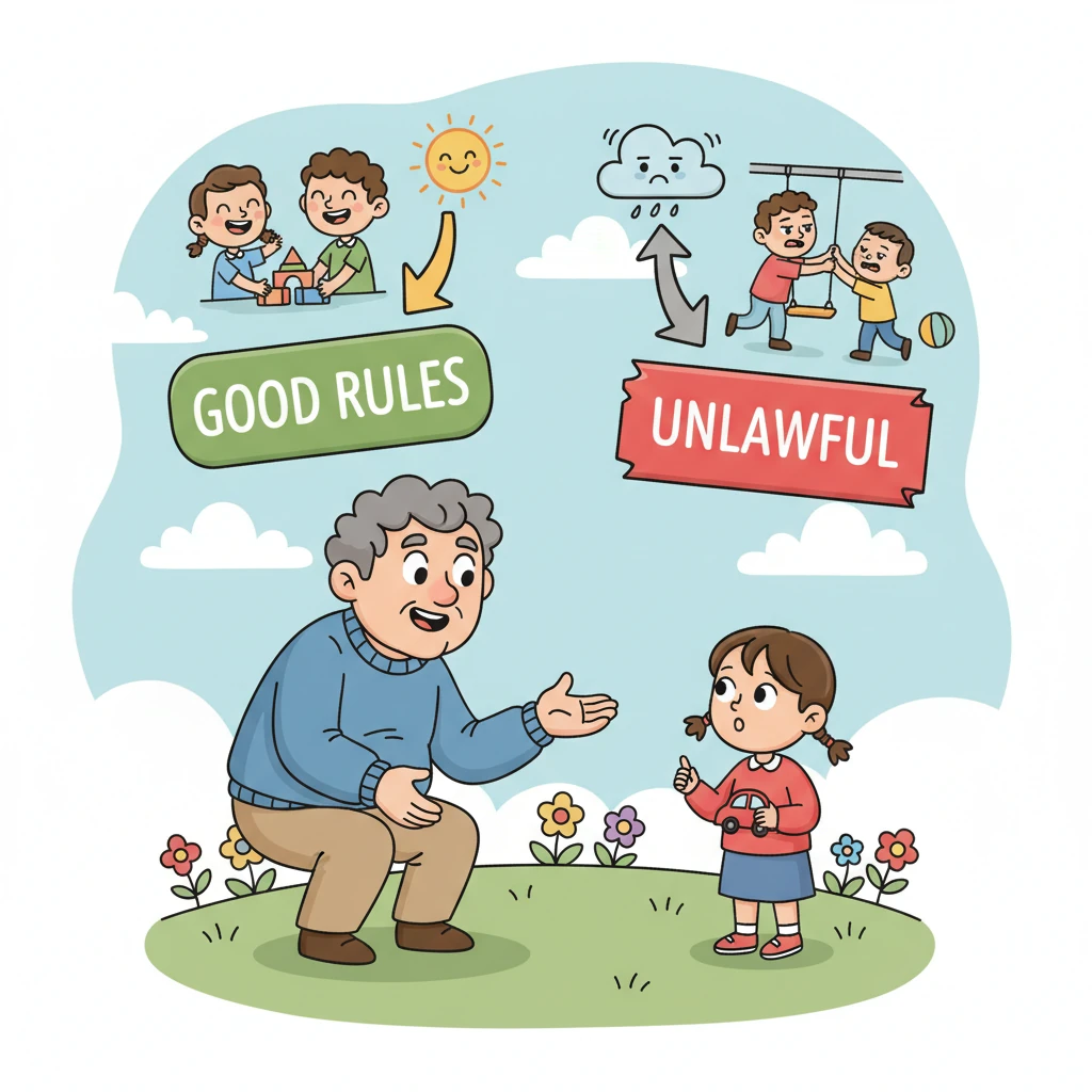 "And 'unlawful' means it goes against all the good rules we have to live by, rules that help us be kind and fair to everyone," Grandpa Leo explained. "It's like knowing it's not right to push someone or take their favorite toy without asking. Grown-ups have even bigger, more serious rules to follow to keep the whole world safe."