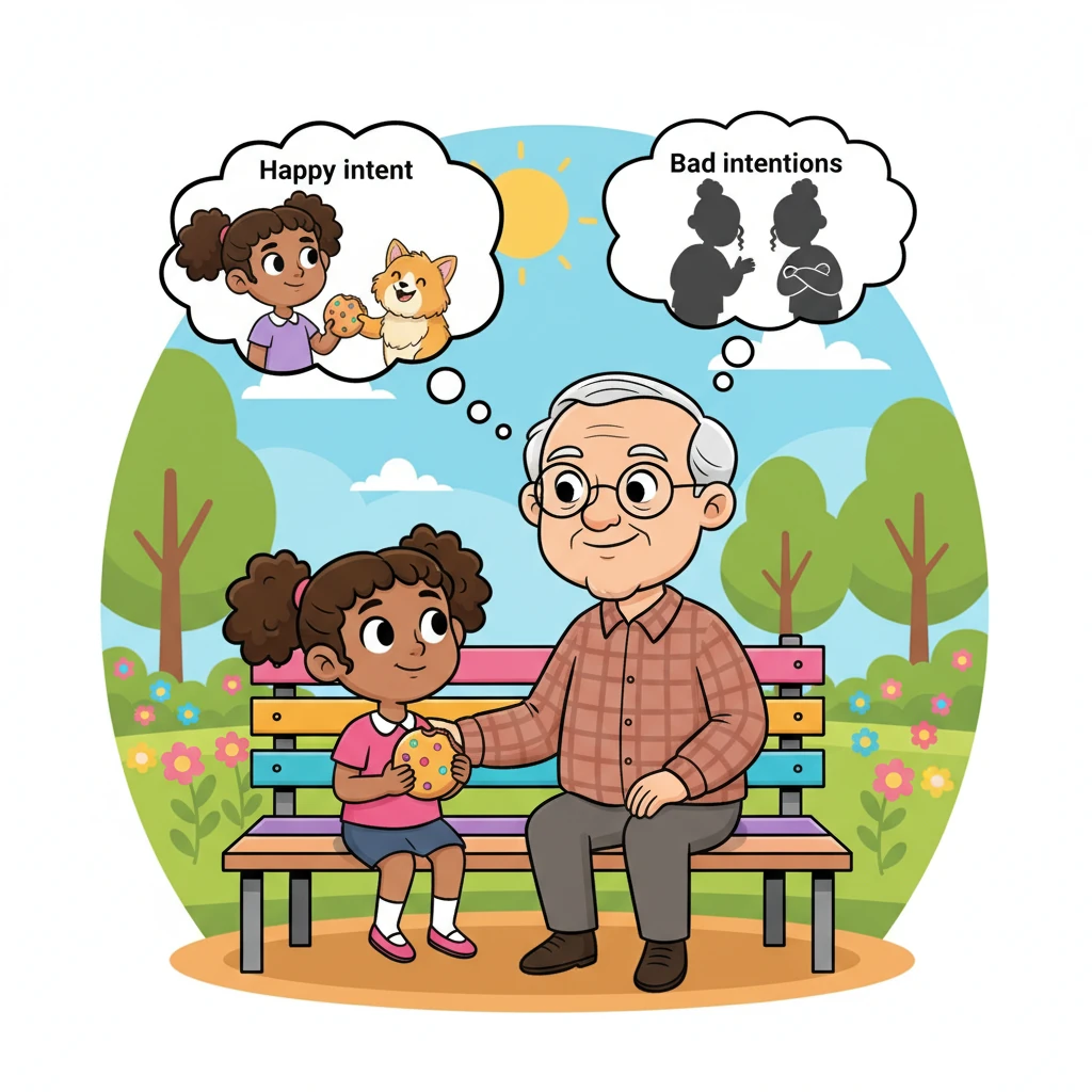"Then there are words like 'intent,' which means thinking about what you're going to do before you do it," Grandpa Leo added. "Like when you intend to share your cookies, that's a happy intent! But sometimes, grown-ups talk about bad intentions, which are never good."