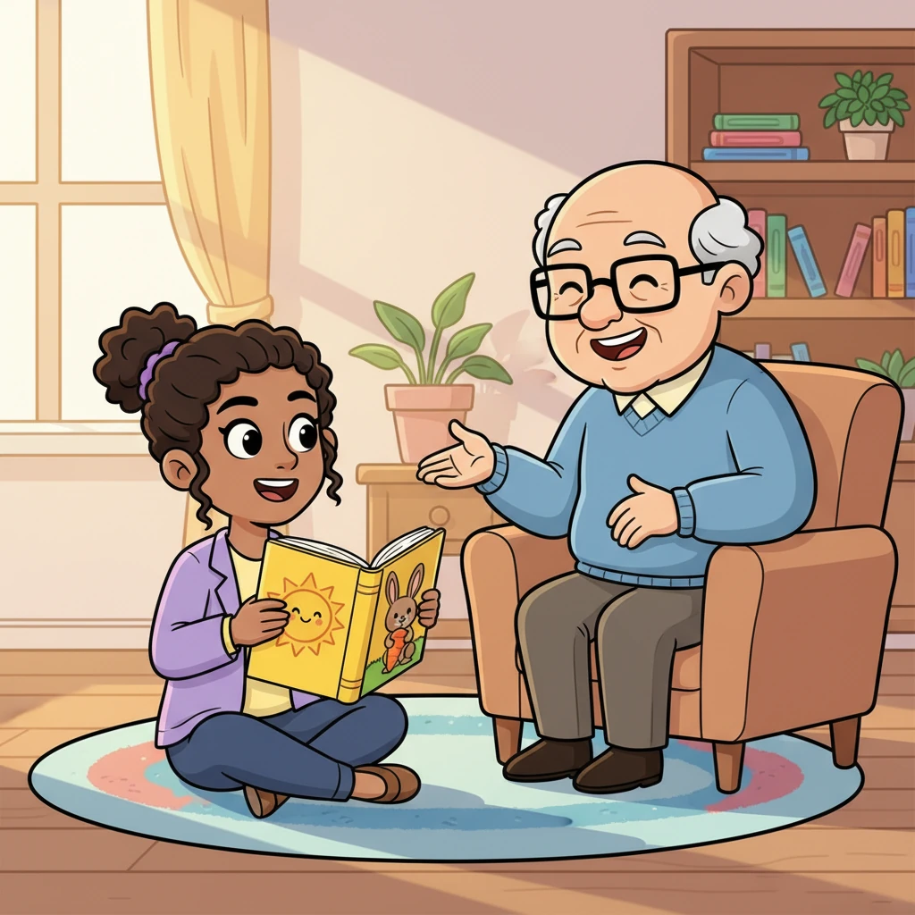 Lexi then picked up a colorful book with a smiling sun on the cover. "How about a story about a brave little rabbit who learns to share his carrots?" she asked, her voice full of excitement. Grandpa Leo smiled warmly, his eyes twinkling.