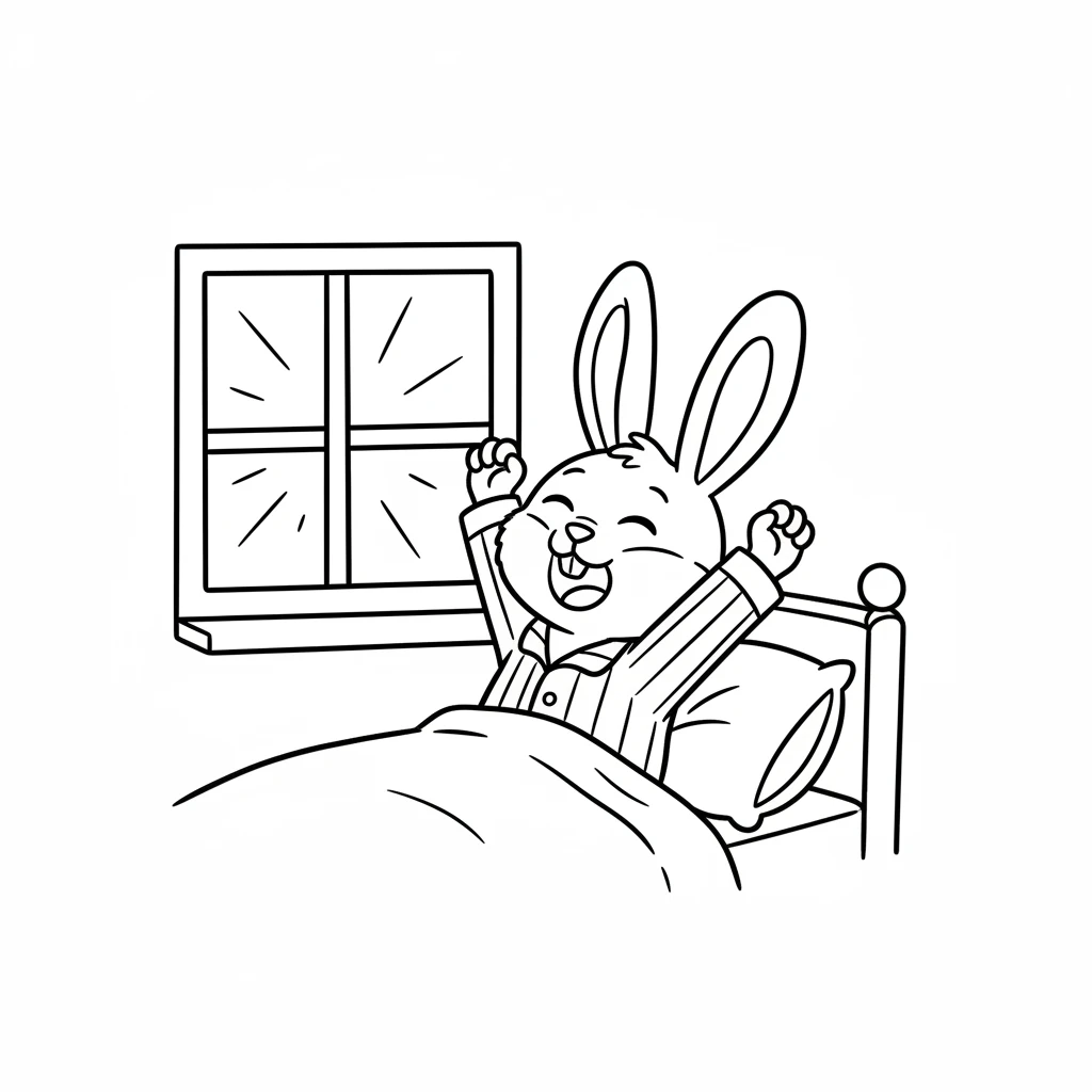 Barnaby Bunny wakes up with a big stretch in his cozy bed. The sun shines brightly through his window, promising a wonderful day.