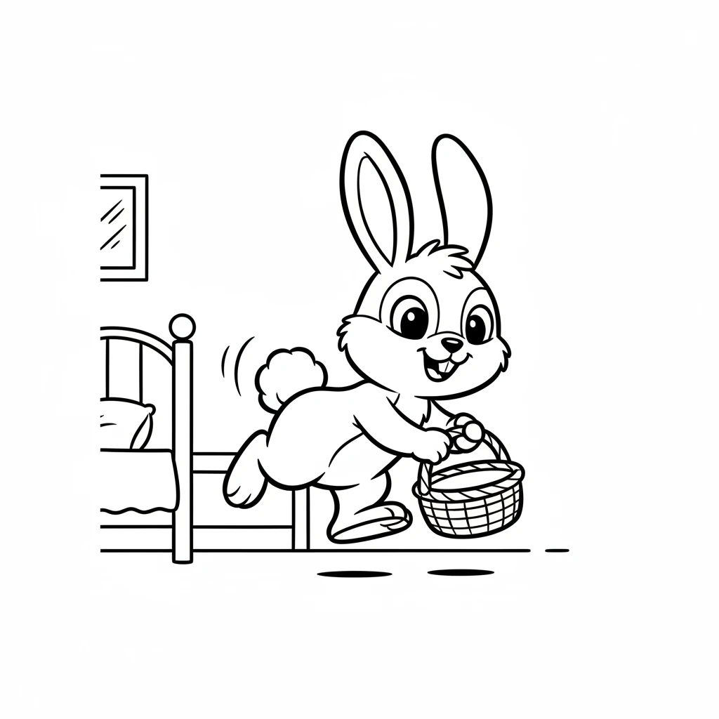 He hops out of bed, his fluffy tail wiggling with excitement. Barnaby grabs his empty basket, ready for a special adventure.