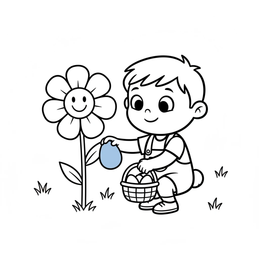 Barnaby carefully finds a beautiful blue egg tucked behind a tall, smiling flower. He gently places it in his basket.